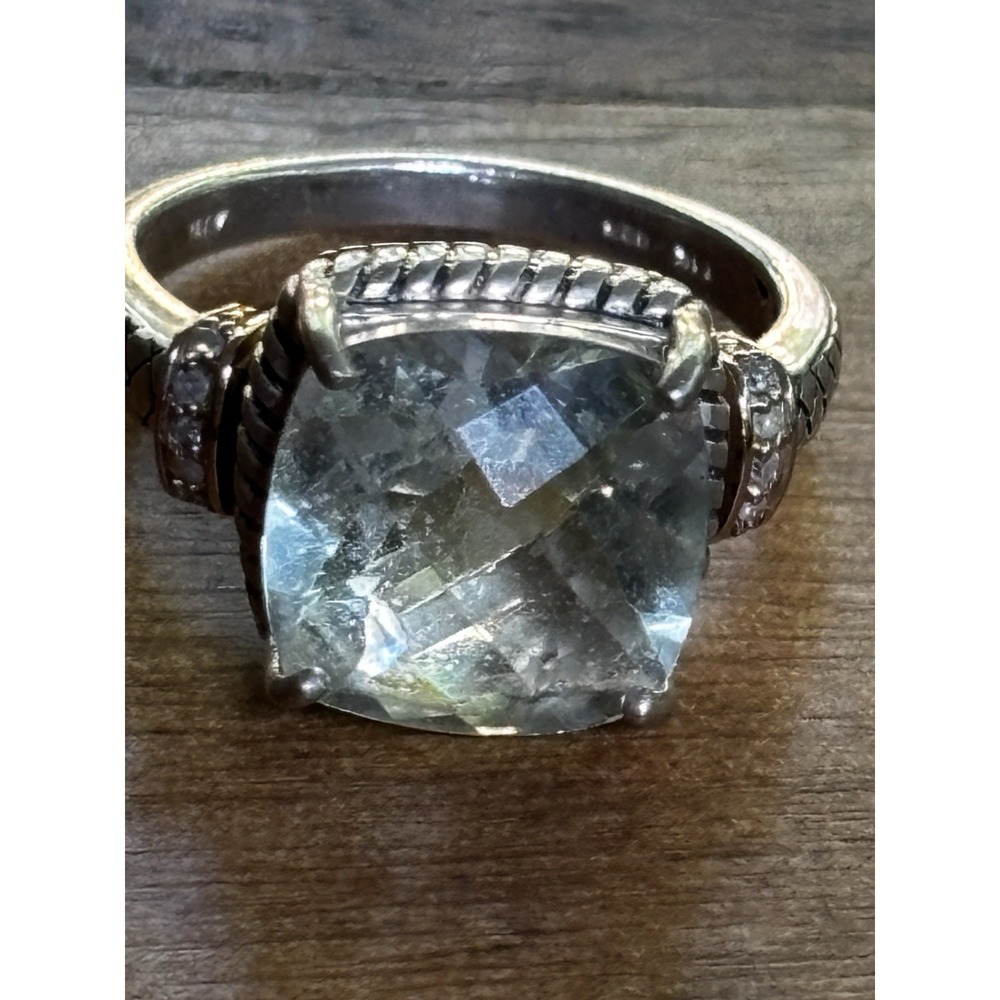 14K 925 MCF Green Amethyst Praisolite 10 Diamond Pillow cut Ring Sz 8